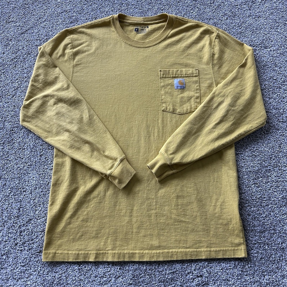 Carhartt Shirt Mens Medium Yellow Long Sleeve Pocket Workwear Logo Tee T-Shirt